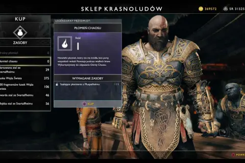 Kratos, bóg wojny, w sklepie Krasnoludów. Na ekranie widnieje przedmiot "Płomień Chaosu", który można kupić za "Szalejące płomienie z Muspelheimu".