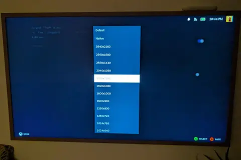 Ekran telewizora z menu wyboru rozdzielczości gry, zaznaczono 1920x1200.