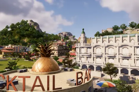 Tropico 6 spolszczenie: złoty ananas na dachu koktajl baru, tropikalne miasto z kasynem i górami w tle.