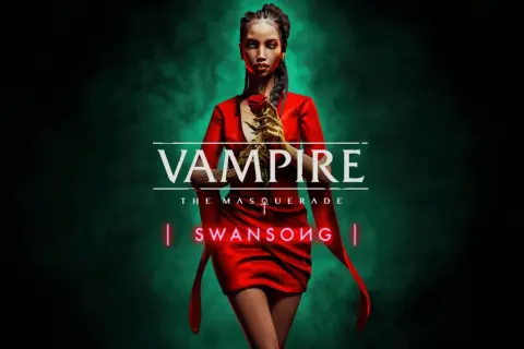 Kobieta w czerwonej sukni trzyma złotą różę. Nad nią logo "Vampire The Masquerade Swansong".