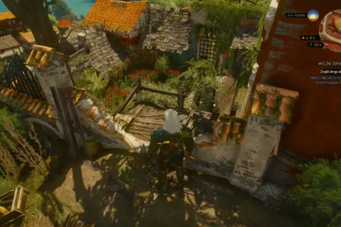 Geralt stoi na dachu, patrząc na ogród. Misja "Wieczne odpoczywanie" w Wiedźmin 3.