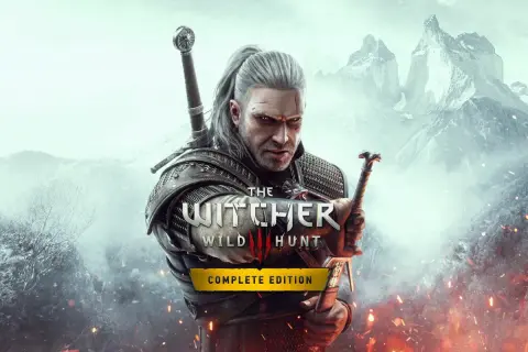 Geralt z Rivii, wiedźmin, w zbroi z dwoma mieczami. Na tle gór i płomieni. Okładka gry Wiedźmin 3 Edycja Kompletna.
