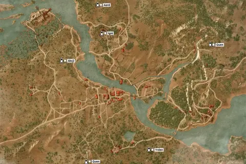 Mapa z Wiedźmin 3: Dziki Gon. Widoczne znaki: Aard, Igni, Aksji, Quen, Yrden.