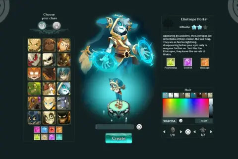 Wybór klasy postaci w grze Wakfu: Eliotrope, szybki jak błyskawica, znający sekrety świata.