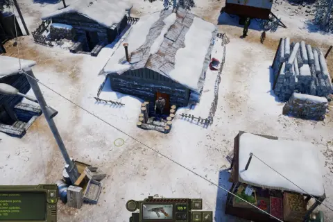Zimowa osada w Atom RPG Trudograd. Postać stoi przed chatą, obok stosy drewna i stragan z warzywami.