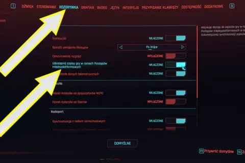 Ustawienia gry Cyberpunk 2077, zakładka Rozgrywka. Możliwość włączenia udostępniania zapisów gry w ramach postępów międzyplatformowych, co jest kluczowe dla cyberpunk save location.