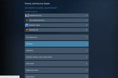 Ekran pomocy technicznej Steam z listą opcji, w tym "Transakcje" podświetlone na niebiesko.