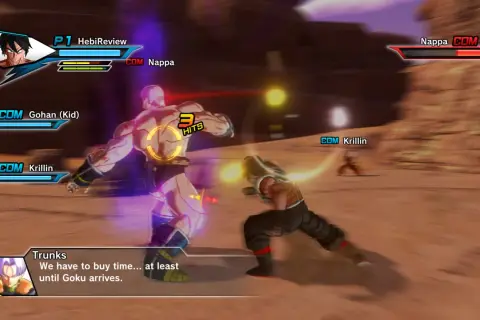 W grze Dragon Ball Z: Kakarot, Nappa walczy z Gohanem (Kid). W tle widać niebieskiego smoka.