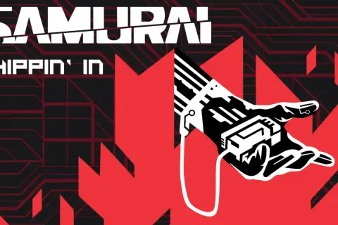 Cyberpunkowy **samurai** z mechaniczną dłonią, gotowy do akcji.