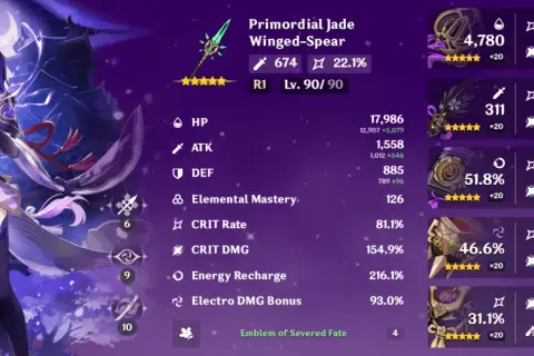 Raiden Shogun z Genshin Impact, wyposażona w Włócznię z Jadeitu, z imponującymi statystykami i artefaktami Emblem of Severed Fate.