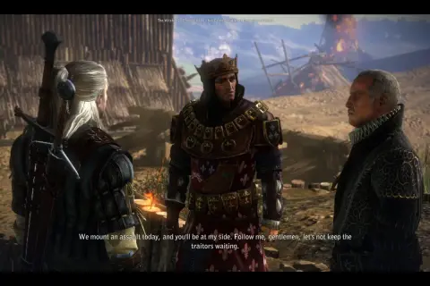 Geralt, król w koronie i szlachcic rozmawiają na tle obozu wojskowego. Król zapowiada atak, by ukarać zdrajców Temerii.
