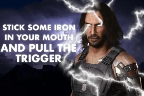 Johnny Silverhand cytaty: "Stick some iron in your mouth and pull the trigger." Mroczny, burzowy krajobraz i błyskawice podkreślają jego postać.