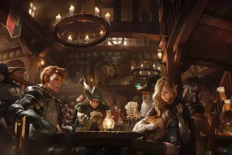 Postacie z d&d grają w karty i piją piwo w karczmie. W tle smok.