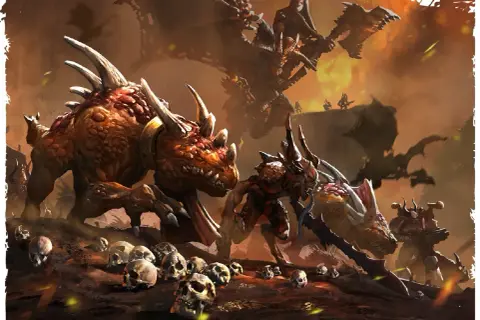 Potwory i wojownicy Khorne na tle płonącego pola bitwy, wśród stosów czaszek.