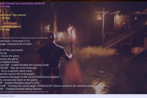 Konsola Gothic Remake wyświetla listę komend, w tym te do manipulacji kamerą i życia postaci, przydatne przy używaniu gothic 2 kody.