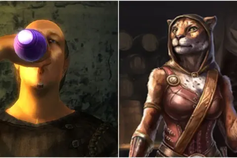 Człowiek pije podejrzany fioletowy płyn, a obok Khajiitka trzyma butelkę, być może z tą samą niebezpieczną substancją, skooma.
