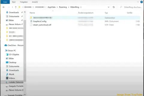Folder z plikami gry Elden Ring, w tym folder "76!" zawierający dane do zapisu gry.