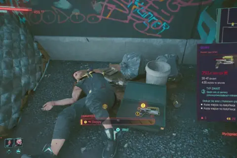 Martwy mężczyzna leży obok walizki z pistoletem Skippy. To ikoniczna broń w świecie skippy cyberpunk.