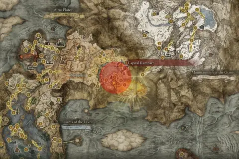 Mapa świata Elden Ring, z zaznaczonym obszarem Capital Rampart, który prowadzi do Leyndell.