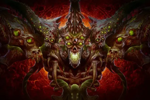 Potworna istota z wieloma oczami i czaszkami, idealna do recenzji Diablo 4.