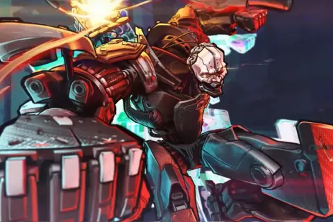 Adam Smasher, potężny cyborg z Cyberpunk 2077, w akcji. Jego mechaniczne ciało lśni w czerwonym i niebieskim świetle.