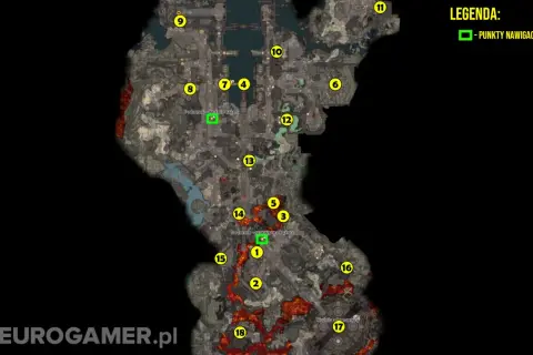 Mapa Baldur's Gate 3: Podmrok - starożytna kuźnia i Kuźnia adamantyny. Punkty nawigacyjne zaznaczone żółtymi kółkami.