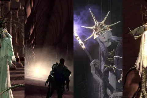 Gwyndolin z Dark Souls w białej szacie, z łukiem i wężowym ogonem, oraz postać z laską i koroną.