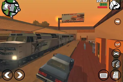 Pociąg na stacji w GTA SA Android. Spolszczenie gry działa, a na ekranie widać elementy interfejsu i mapę.