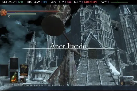 Postać z wielkim młotem przed majestatyczną katedrą w Anor Londo.