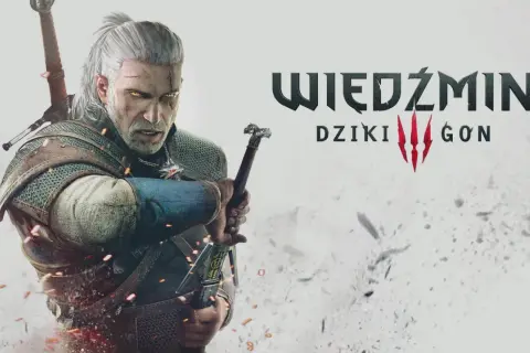 Geralt z Rivii, gotowy do walki, z mieczem w dłoni. Tytuł gry "Wiedźmin: Dziki Gon" sugeruje nadchodzącą, epicką przygodę.