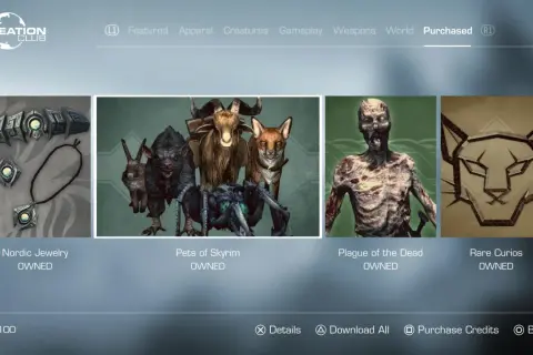 Menu gry Skyrim Anniversary Edition: co zawiera. Widoczne DLC: Nordic Jewelry, Pets of Skyrim, Plague of the Dead, Rare Curios.