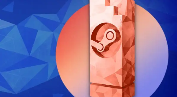 Pomarańczowy, geometryczny blok z logo Steam na tle niebieskich trójkątów i okręgu.