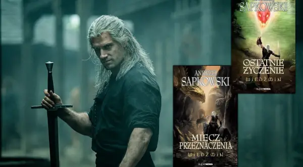 Geralt z Rivii z mieczem w dłoni, obok okładki książek "Miecz przeznaczenia" i "Ostatnie życzenie" - idealne do recenzji Wiedźmina.