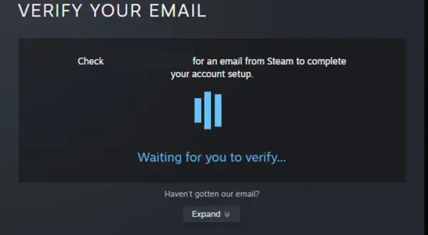 Ekran weryfikacji adresu email na Steam.