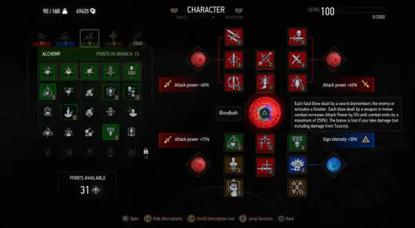Wiedźmin 3 buildy: drzewka umiejętności Alchemia i Znaki, z aktywnymi bonusami do mocy ataku i intensywności znaków.