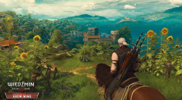 Geralt z Rivii, wiedźmin, przemierza konno malowniczą krainę pełną słoneczników, zmierzając ku miasteczku.