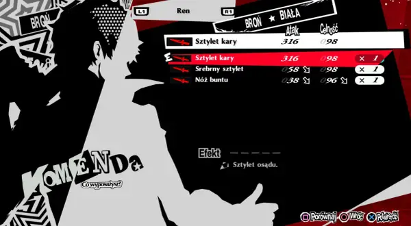 Menu ekwipunku w Persona 5 Royal spolszczenie. Ren wybiera broń, widoczne statystyki i przedmioty.