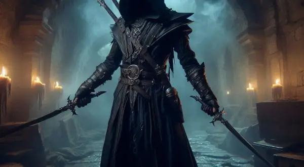 Mroczny drow w kapturze, z dwoma mieczami w dłoniach, stoi w kamiennej krypcie oświetlonej świecami.