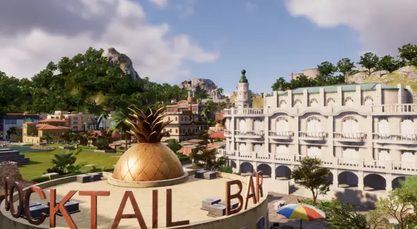 Tropico 6 spolszczenie: złoty ananas na dachu koktajl baru, tropikalne miasto z kasynem i górami w tle.