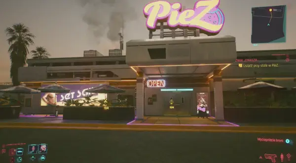 Cyberpunkowa pizzeria PieZ z neonowym znakiem. Zbliża się zadanie "Znak Jonasza", by usiąść przy stole.