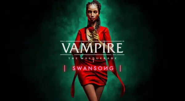 Kobieta w czerwonej sukni trzyma złotą różę. Nad nią logo "Vampire The Masquerade Swansong".