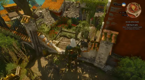 Geralt stoi na dachu, patrząc na ogród. Misja "Wieczne odpoczywanie" w Wiedźmin 3.