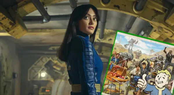 Kobieta w niebieskim kombinezonie obok obrazka z postaciami z gry Fallout.