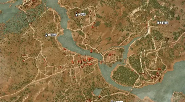 Mapa z Wiedźmin 3: Dziki Gon. Widoczne znaki: Aard, Igni, Aksji, Quen, Yrden.
