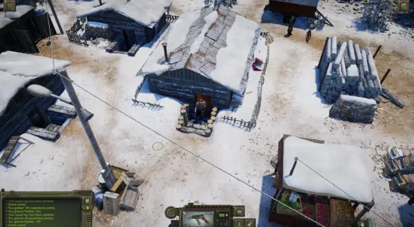 Zimowa osada w Atom RPG Trudograd. Postać stoi przed chatą, obok stosy drewna i stragan z warzywami.