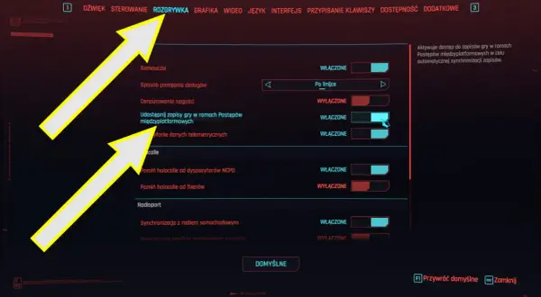 Ustawienia gry Cyberpunk 2077, zakładka Rozgrywka. Możliwość włączenia udostępniania zapisów gry w ramach postępów międzyplatformowych, co jest kluczowe dla cyberpunk save location.
