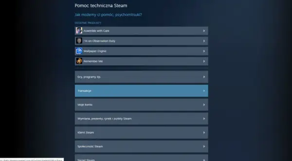 Ekran pomocy technicznej Steam z listą opcji, w tym "Transakcje" podświetlone na niebiesko.