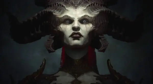 Lilith z Diablo 4, z potężnymi rogami i złowrogim spojrzeniem, budzi grozę.
