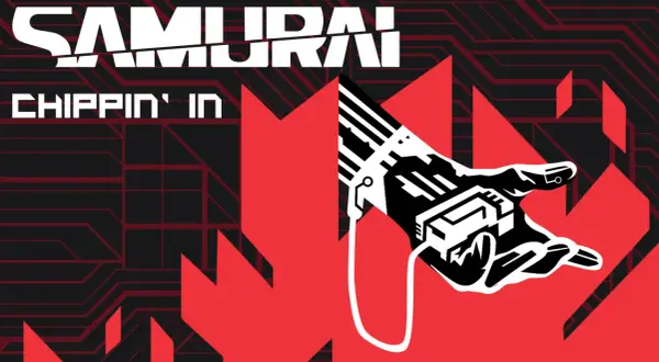Cyberpunkowy **samurai** z mechaniczną dłonią, gotowy do akcji.
