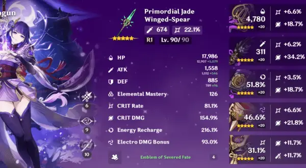 Raiden Shogun z Genshin Impact, wyposażona w Włócznię z Jadeitu, z imponującymi statystykami i artefaktami Emblem of Severed Fate.